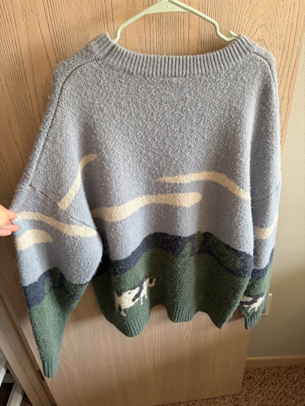 Cozy Scenic Knit Sweater in Light Gray, Green & Navy